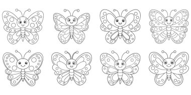 Neşeli Kelebekler seti boyama sayfası için hazır, çocuk aktiviteleri için mükemmel, basit çizgi sanatı ve temiz beyaz arka planı ile.