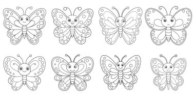Neşeli Kelebekler seti boyama sayfası için hazır, çocuk aktiviteleri için mükemmel, basit çizgi sanatı ve temiz beyaz arka planı ile.