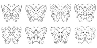Neşeli Kelebekler seti boyama sayfası için hazır, çocuk aktiviteleri için mükemmel, basit çizgi sanatı ve temiz beyaz arka planı ile.