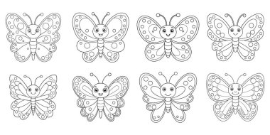 Neşeli Kelebekler seti boyama sayfası için hazır, çocuk aktiviteleri için mükemmel, basit çizgi sanatı ve temiz beyaz arka planı ile.