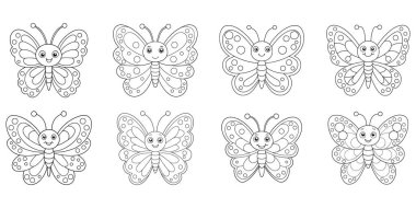 Neşeli Kelebekler seti boyama sayfası için hazır, çocuk aktiviteleri için mükemmel, basit çizgi sanatı ve temiz beyaz arka planı ile.