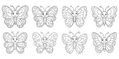 Neşeli Kelebekler seti boyama sayfası için hazır, çocuk aktiviteleri için mükemmel, basit çizgi sanatı ve temiz beyaz arka planı ile.