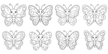 Neşeli Kelebekler seti boyama sayfası için hazır, çocuk aktiviteleri için mükemmel, basit çizgi sanatı ve temiz beyaz arka planı ile.