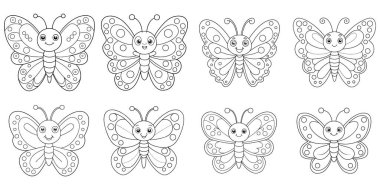 Neşeli Kelebekler seti boyama sayfası için hazır, çocuk aktiviteleri için mükemmel, basit çizgi sanatı ve temiz beyaz arka planı ile.