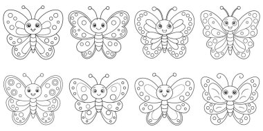 Neşeli Kelebekler seti boyama sayfası için hazır, çocuk aktiviteleri için mükemmel, basit çizgi sanatı ve temiz beyaz arka planı ile.