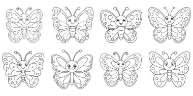 Neşeli Kelebekler seti boyama sayfası için hazır, çocuk aktiviteleri için mükemmel, basit çizgi sanatı ve temiz beyaz arka planı ile.