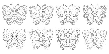 Neşeli Kelebekler seti boyama sayfası için hazır, çocuk aktiviteleri için mükemmel, basit çizgi sanatı ve temiz beyaz arka planı ile.