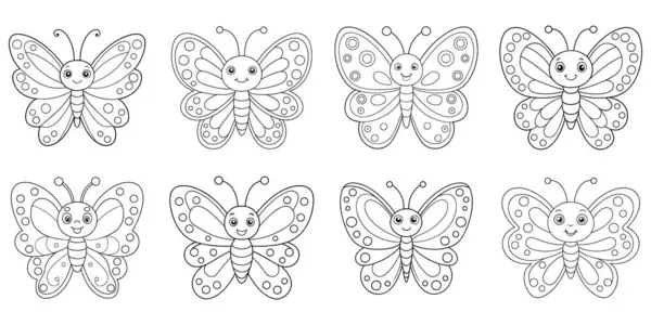 Neşeli Kelebekler seti boyama sayfası için hazır, çocuk aktiviteleri için mükemmel, basit çizgi sanatı ve temiz beyaz arka planı ile.