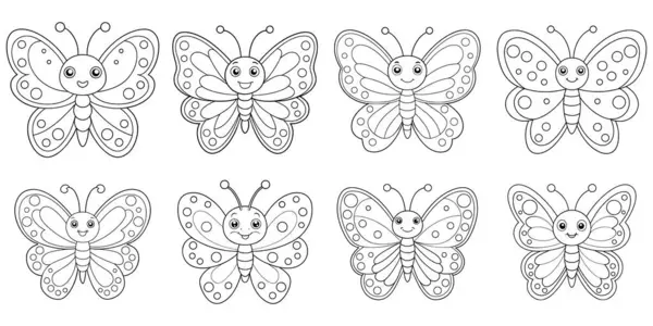 Neşeli Kelebekler seti boyama sayfası için hazır, çocuk aktiviteleri için mükemmel, basit çizgi sanatı ve temiz beyaz arka planı ile.