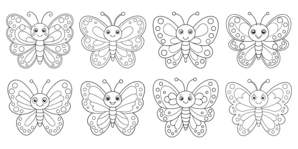 Neşeli Kelebekler seti boyama sayfası için hazır, çocuk aktiviteleri için mükemmel, basit çizgi sanatı ve temiz beyaz arka planı ile.