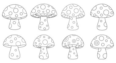 Sevimli mantar ana hatları boyama kitabı sayfası, çizgi sanat vektörü illüstrasyonu