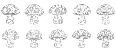 Steampunk mantar evi ana hatları boyama kitabı sayfası, çizgi sanat vektörü illüstrasyonu