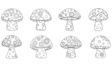 Steampunk mantar koleksiyonu ana hatları boyama kitabı sayfası, çizgi sanat vektörü illüstrasyonu