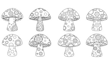 Steampunk mantar evi ana hatları boyama kitabı sayfası, çizgi sanat vektörü illüstrasyonu