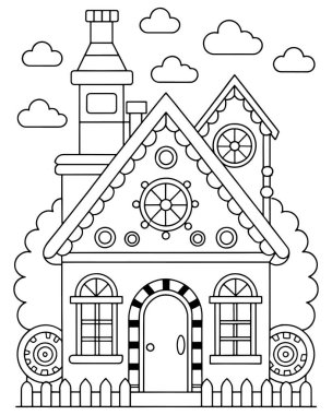 Lezzetli bir zencefilli kurabiye evi yaratıcılığınızı bekliyor. Bu boyama sayfasında her yaştan çocuk için mükemmel, kaprisli bir tasarımı olan büyüleyici bir ev var. Basit çizgiler ve sevimli bulutlar renklendirmeyi kolaylaştırıyor..
