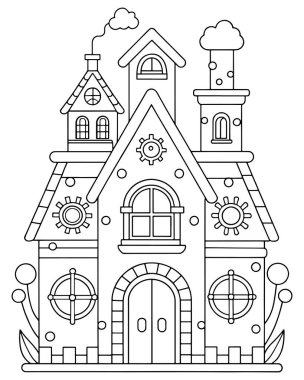 Karmaşık ekipman detaylarıyla büyüleyici bir evin olduğu hoş bir boyama sayfası. Çocuklar için mükemmel, yaratıcı tasarım unsurları. Peri masalı mimarisi.