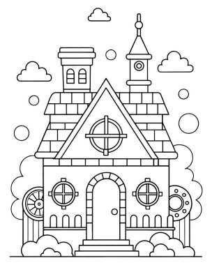 Renklendirme için mükemmel, sevimli, çizgi film sanatları evi çizimi. Eşsiz mimari detaylara sahip tuhaf bir tasarım. Çocuk aktiviteleri veya dekoratif amaçlar için ideal.