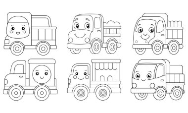 Bir sürü şirin çizgi film kamyonu boyamaya hazır. Basit sanat eserleri çocuklar için mükemmeldir. Eğlenceli ve ilgi çekici bir aktivite. Siyah beyaz tasarım. Yaratıcılığı geliştirir.