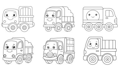 Bir sürü neşeli karikatür kamyonu boyamaya hazır. Çocuk aktiviteleri için mükemmel. Basit taslak ve mutlu yüzler bu kamyonları eğlenceli ve renklendirmesi kolay yapar.
