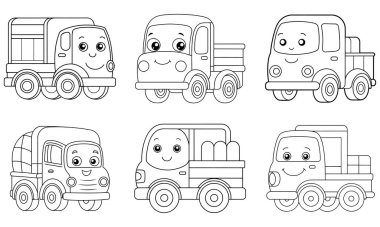 Bir sürü şirin kamyon boyamaya hazır. Anaokulu öğrencileri için mükemmel. Eğlenceli, basit çizgi sanatı. Yaratıcılığı ve iyi motor becerileri geliştirir..