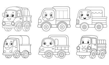Çocuk boyama kitapları için mükemmel bir kamyon tasarımı. Basit çizgiler, mutlu yüzler ve çeşitli kamyon stilleri yaratıcı eğlence sunuyor. Çocuklar için harika bir etkinlik..