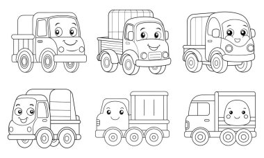 Bir sürü şirin çizgi film kamyonu boyamaya hazır eğlence ve basit sanat eserleri anaokulu öğrencileri için mükemmel. Hayal gücünü ve yaratıcılığı ateşlemek için büyük bir aktivite..