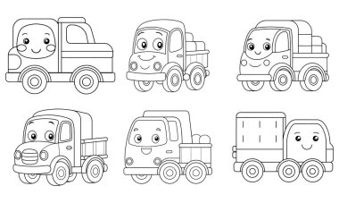 Bir sürü sevimli, gülümseyen kamyon çocuk kitapları ya da aktiviteleri boyamak için mükemmel. Basit çizgi sanatı, renklendirmesi kolay. Küçük çocuklar için eğlenceli ve çekici..
