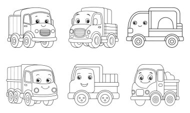 Gülen yüzlü şirin kamyonlar, çocuk kitapları boyamak için mükemmel. Basit çizimler, renklendirmesi kolay. Çocuklar için eğlence ve ilgi çekici etkinlik.