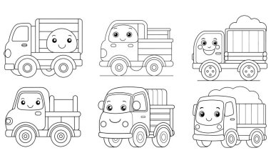 Bir sürü güzel kamyon tasarımı, boyama sayfaları için mükemmel. Basit çizgiler, mutlu yüzler, çocuklar için eğlence. Anaokulu eğitimi için harika..