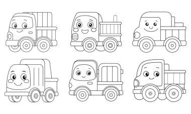 Bir sürü çizgi film kamyonu çocuk kitapları boyamak için mükemmel. Basit çizgi sanatı, siyah ve beyaz. Çocuklar için eğlence ve ilgi çekici etkinlik.