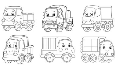 Renkli olmaya hazır bir sürü çizgi film kamyonu. Eğlenceli, basit sanat eserleri çocukların yaratıcılığı için mükemmel. Neşeli kamyonet yüzlü hoş bir boyama sayfası.