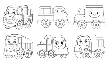 Basit çizgiler, mutlu ifadeler için hazır şirin kamyonlar sürüsü, yürümeye yeni başlayanlar için mükemmel. Eğlence ve eğitim aktivitesi.