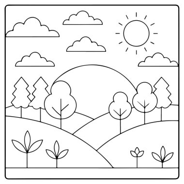 Çocuklar için neşeli manzarada güneşli gökyüzü ağaçları ve tepeler kitap vektörü resimlerini boyuyor