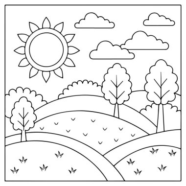 Boyama kitapları için bulutlar, ağaçlar ve yuvarlanan tepeler ve çocuk aktiviteleri vektör illüstrasyonu