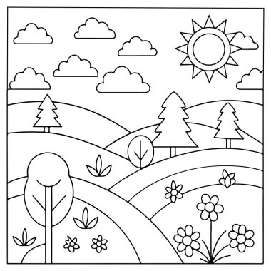 Eğitici renklendirme kitapları vektör illüstrasyonu için biçimlendirilmiş ağaçları olan güneşli kırsal bölge