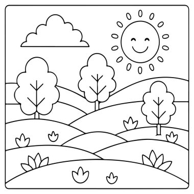 Boyama kitabı illüstrasyonu için ağaçlı tepeler ve bulutlu huzurlu kırsal çizimler