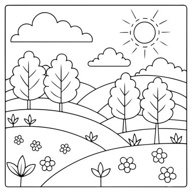 Gülümseyen güneş kabarık bulutlar ve tepelerin üzerindeki ağaçlar boyama kitabı illüstrasyonunda.