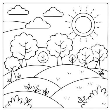 Çocuklar için güneşli ağaçlar tepeleri ve çiçek manzarası boyama faaliyetleri vektör illüstrasyonları