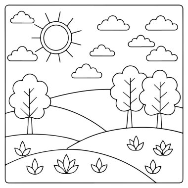 Tepeleri ve ağaçları olan eğitim amaçlı kırsal alanlar boyama sayfası illüstrasyonu