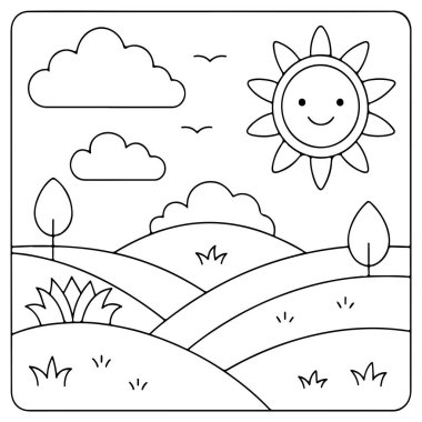 Güneşli tepelerde gökkuşağı ve bulutlar boyama kitabı manzara çizimi.