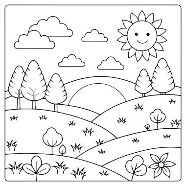 Mutlu çocuklardaki güneş bulutları ve tepeler manzara vektör çizimleri yapıyor.