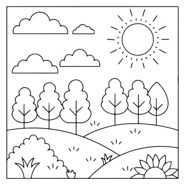 Parlak ayçiçeği güneş ağaçları ve çocukların bulutları etkinlik sayfası illüstrasyonunu boyuyor