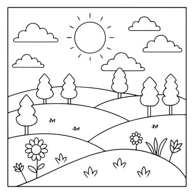 Çocuk resimlerini boyamak için güneş bulutları ve ağaçların bulunduğu basit bir kırsal bölge çizgisi
