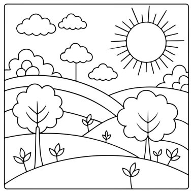 Boyama kitabı illüstrasyonu için kırsal alanda kabarık bulutlar, ağaçlar ve tepeler