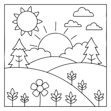 Tepeli güneş ışığı ağaçlar ve çocuk kitapları için çiçek tasarımları vektör illüstrasyonları