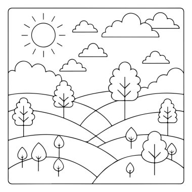 Güneş bulutları tepeleri ve çocuklar için ağaçlarla boyama kitabı sayfası eğlence etkinliği illüstrasyonu
