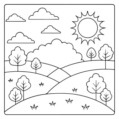 Renkli kitap satırında ağaçlar ve çiçeklerle biçimlendirilmiş güneşli manzara vektör çizimi