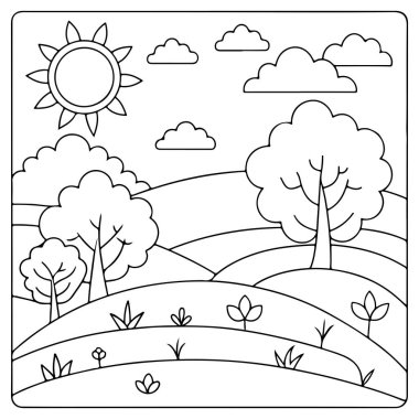 Renkli kitap etkinliği illüstrasyonu için güneşli gökyüzü ağaçları ve çimenli dağ manzarası