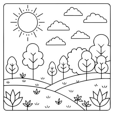 Tepeleri olan güneşli kırsal bölgeler çocukların vektör resimlerini renklendirmesi için ağaçlarla çiziliyor.