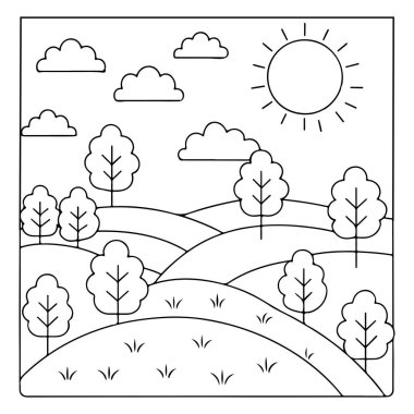 Çiçekli tepeler ve boyama kitabı illüstrasyonu için ağaçlarla güneşli bir gün.